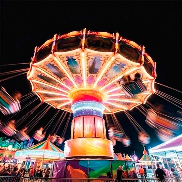 A colorful carousel with a blurry background that says the word on it