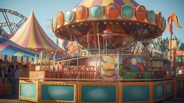 A colorful carousel with a sign that says'the word burger'on it