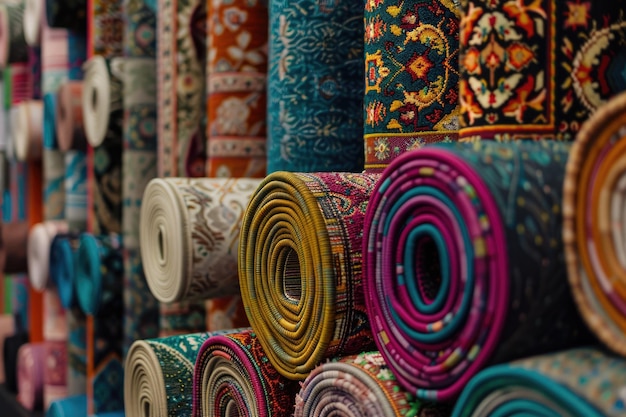 Photo colorful carpets on display rolled up in a decor store