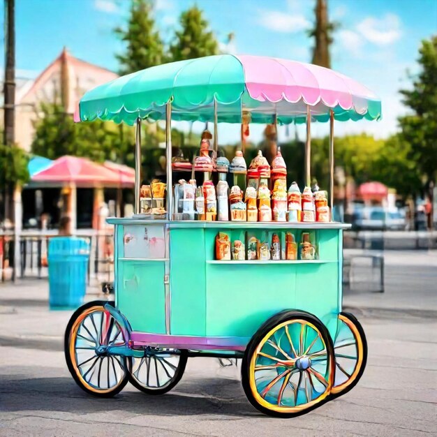 a colorful cart with a pink top that says  drink  on it