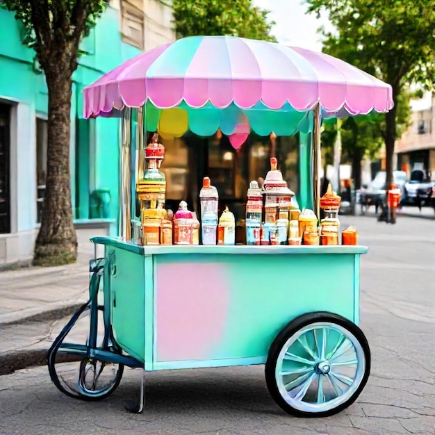 a colorful cart with a pink top that says  the number 1  on it