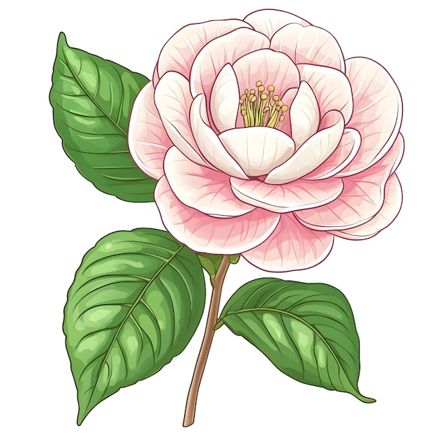 Colorful Cartoon Camellia Flower on Clean White Background