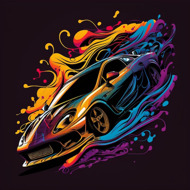 A colorful cartoon car with a flame effect on the front.