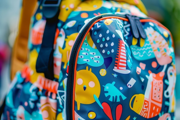 Photo colorful cartoon character backpack for elementary school kids with bright patterns on a bench