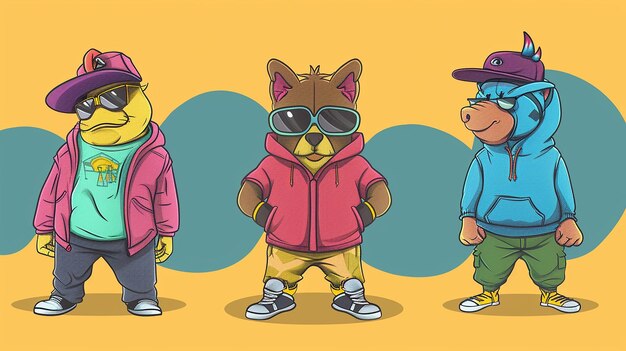 Photo colorful cartoon characters in trendy clothing