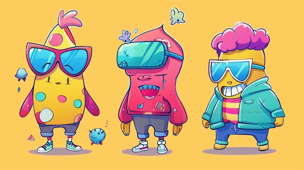 Photo colorful cartoon characters in trendy clothing