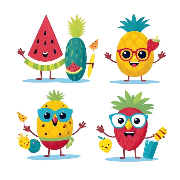 Photo colorful cartoon characters watermelon slice pineapple and tropical fruit 13