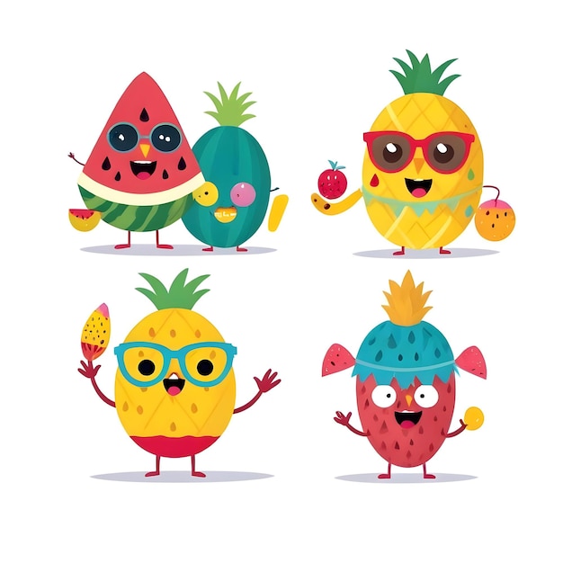 Photo colorful cartoon characters watermelon slice pineapple and tropical fruit 17