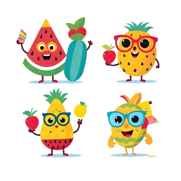 Photo colorful cartoon characters watermelon slice pineapple and tropical fruit 18