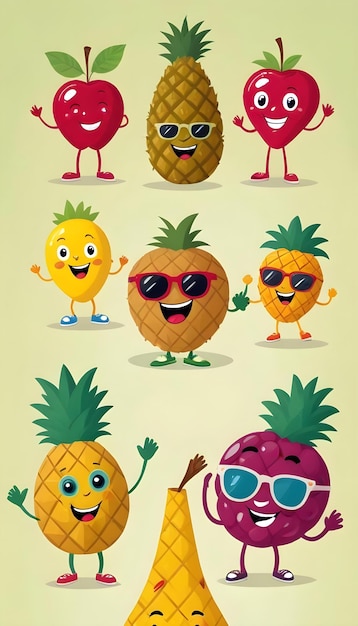 Photo colorful cartoon characters watermelon slice pineapple and tropical fruit 4