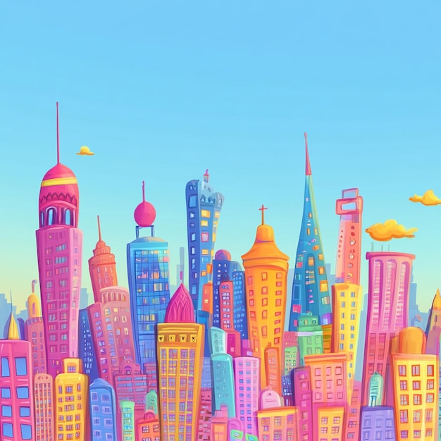 Photo colorful cartoon city skyline vibrant cityscape painting