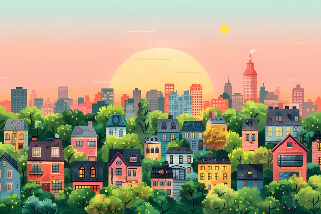 Photo colorful cartoon cityscape with suburban houses and urban skyline at sunset