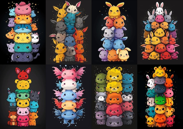 Colorful Cartoon Creatures Stacked in a Tower