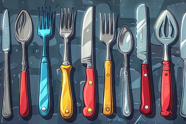 Photo colorful cartoon cutlery set