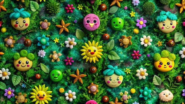 Photo colorful cartoon faces and flowers on a green moss background