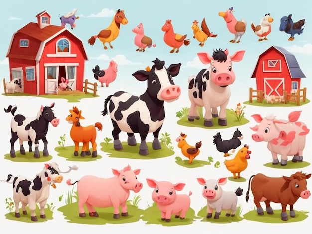 Photo colorful cartoon farm animals with red barn