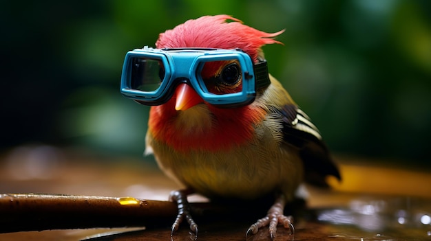 Photo colorful cartoon finch wearing goggles in thailand