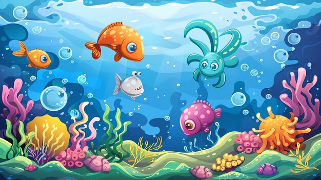 Photo colorful cartoon fish octopus and coral in an underwater scene