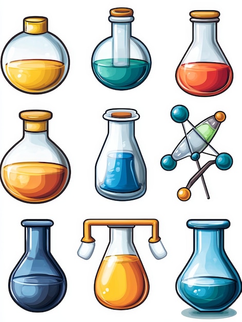 Photo colorful cartoon flasks and molecule model