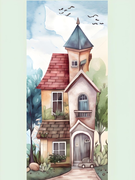 Colorful cartoon houses with whimsical design watercolor vertical banner