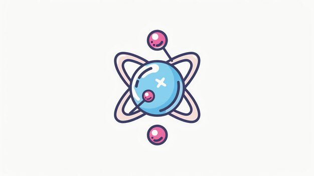 A colorful cartoon illustration of an atom with a blue nucleus and pink electrons