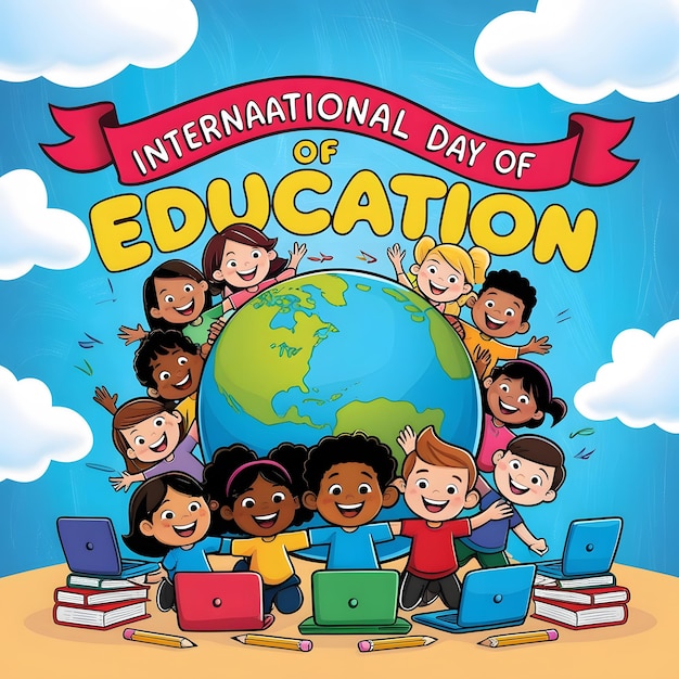 colorful cartoon illustration celebrating the International Day of Education