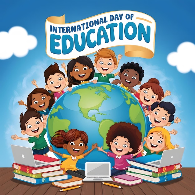 colorful cartoon illustration celebrating the International Day of Education