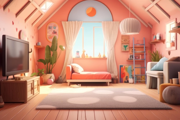 Colorful Cartoon Illustration of Cozy Home Interior Generative AI Illustration