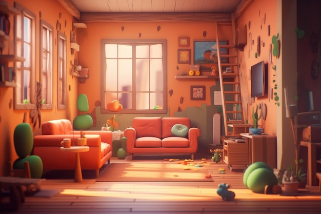 Colorful Cartoon Illustration of Cozy Home Interior Generative AI Illustration