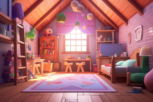 Colorful Cartoon Illustration of Cozy Home Interior Generative AI Illustration