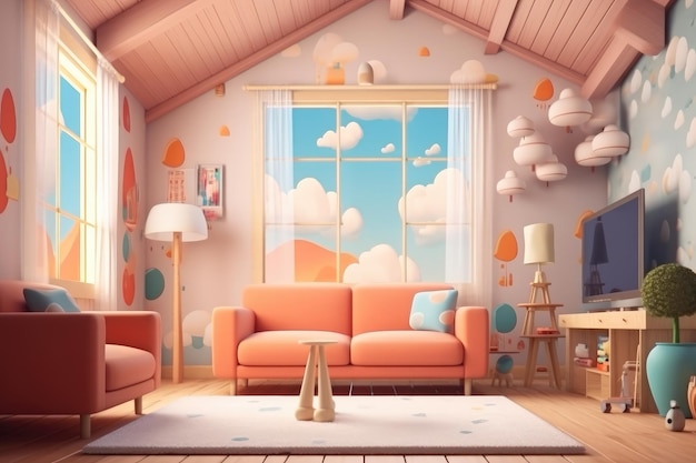 Colorful Cartoon Illustration of Cozy Home Interior Generative AI Illustration