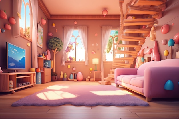 Colorful Cartoon Illustration of Cozy Home Interior Generative AI Illustration