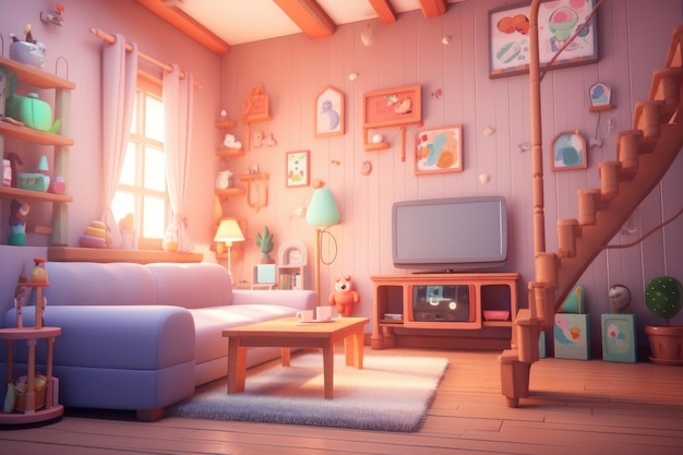 Colorful Cartoon Illustration of Cozy Home Interior Generative AI Illustration