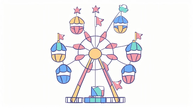 A colorful cartoon illustration of a ferris wheel with six cabins