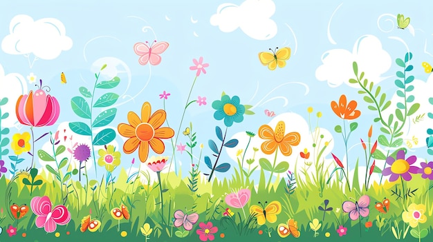 Photo a colorful cartoon illustration of a flower meadow with butterflies