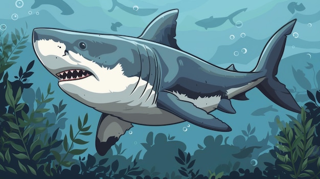 Colorful cartoon illustration of a great white shark swimming underwater surrounded by marine plants in a vibrant ocean scene