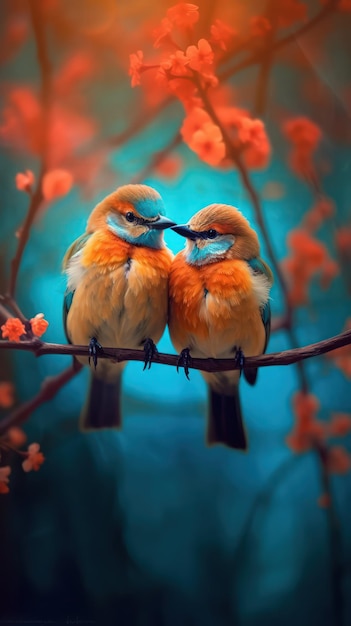 Colorful Cartoon Illustration of Two Birds Sitting on a Branch Against a Red Sky AI Generated