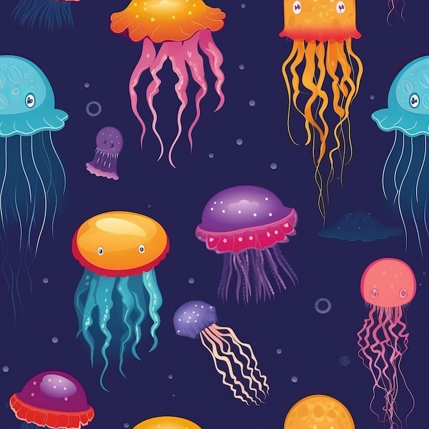 Colorful cartoon jellyfish pattern Seamless print featuring different shapes and colors of cute underwater creatures Bright aquatic characters with bubbles