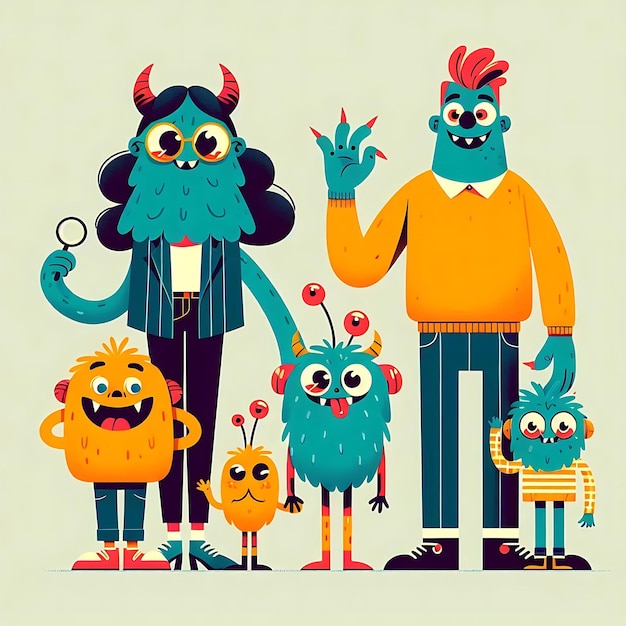 Photo colorful cartoon monster family illustration with happy expressions