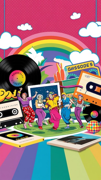 a colorful cartoon of people dancing in front of a colorful collection of music