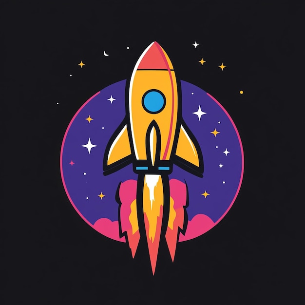 A colorful cartoon rocket launching into a starry night sky