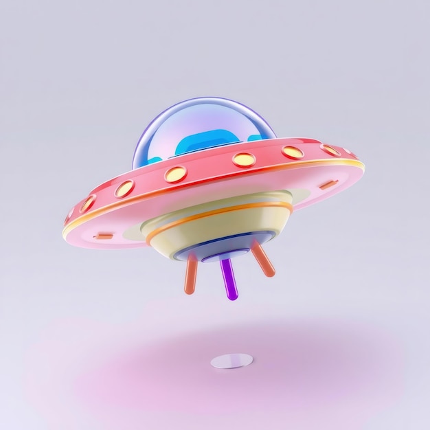 A colorful cartoon UFO hovering over a purple and white background