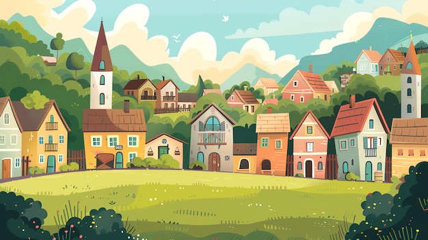 Photo colorful cartoon village with a church tower and lush green hills in the background