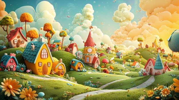 Photo colorful cartoon village with whimsical houses and clouds