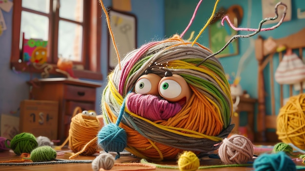 Photo a colorful cartoon yarn monster with googly eyes surrounded by balls of yarn