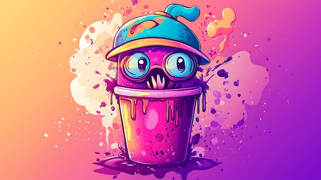 Photo a colorful cartoonish character peeking out from a vibrant cup exuding fun and playfulness