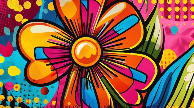 A colorful cartoonstyle flower on a background of abstract shapes and patterns