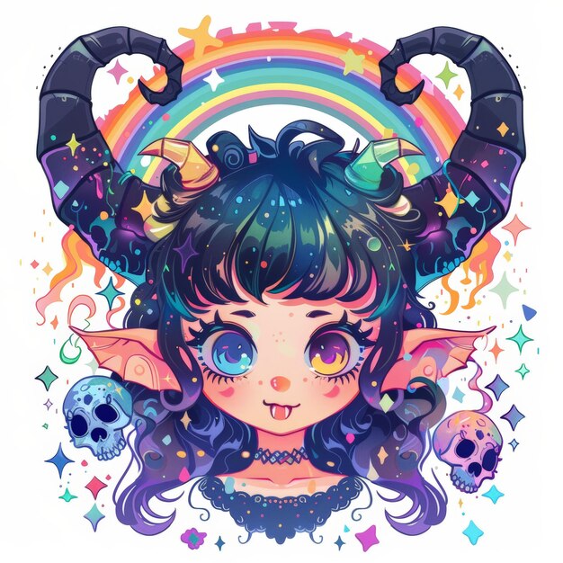 A colorful cartoonstyle portrait of a female character with large expressive eyes horns and a rainbow behind her