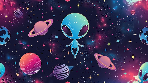 A colorful cartoonstyle seamless pattern of aliens and planets in space