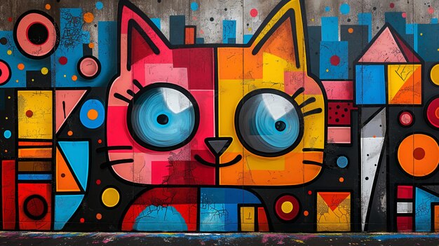 Colorful Cat Graffiti Art on Wall